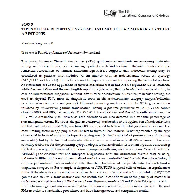 American Thyroid Association (ATA) guidelines doporučují molekulární testy u pacientů s nejistými uzly >1 cm a/nebo s cyto