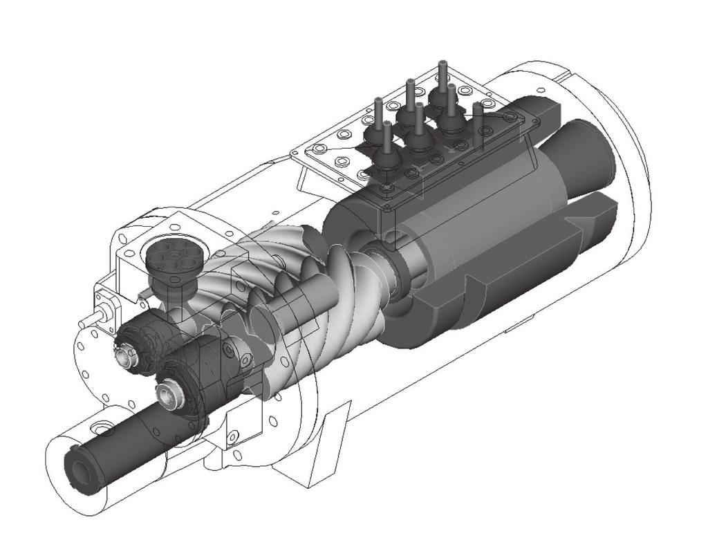 Princip mechanické činnosti Obrázek 10 Popis kompresoru CCHC - RTHF Rotor - hlavní Rotor - vedlejší Ložiska Solenoid odlehčení Solenoid zátěže Skříň motoru Skříň rotoru Kryt pístu Kryt ložisek