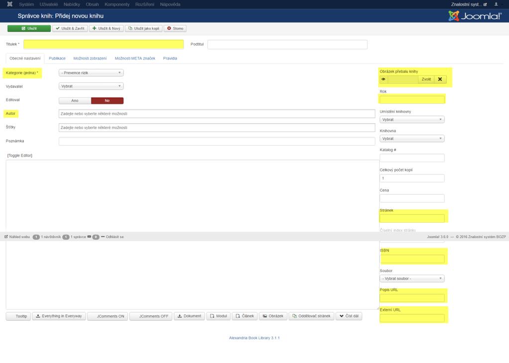 Alexandria Book Library komponenta pro ukládání publikací a informačních materiálů. Pro přidání nové publikace vybereme "Přidej novou knihu" a vyplníme požadovaná pole.