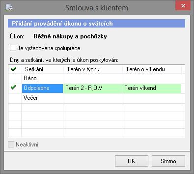 Pro úkony poskytování stravy je třeba zadat, jaký Typ obědu a na jaké Rozvozové trase bude poskytován. Provádění není závislé na setkáních a terénech. 3.1.