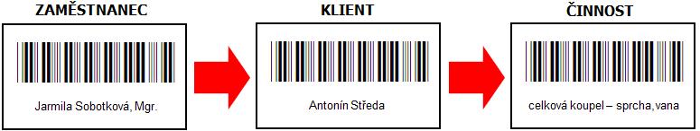 Do terminálu se načítají postupně tři kódy, které tvoří jeden záznam. Jsou to kódy zaměstnance, klienta a úkonu. U každého záznamu je automaticky uloženo datum a čas zaznamenání. 10.4.