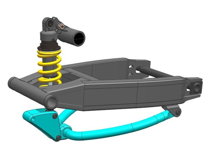 Obrázek 5: Zadní vidlice s pákovým mechanismem a s centrální tlumící a pružící jednotkou Obrázek 6: Sestava zadního podvozku Varianty 3 Výběr optimální varianty Posouzení optimální varianty probíhalo