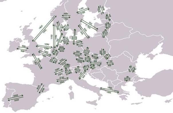Mapa 6: Požadavky na kapacitu propojení v roce 2020 v MW 47, referenční scénář modelu PRIMES (zdroj: KEMA, Imperial College London) 3. PRIORITNÍ KORIDORY PRO ELEKTŘINU, PLYN A ROPU 3.1.
