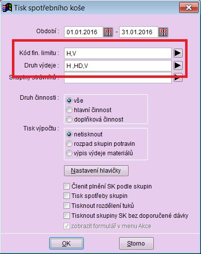 Tisk SK pro více kódů finančního limitu nebo druhů výdeje najednou Tisk spotřebního koše lze realizovat pro