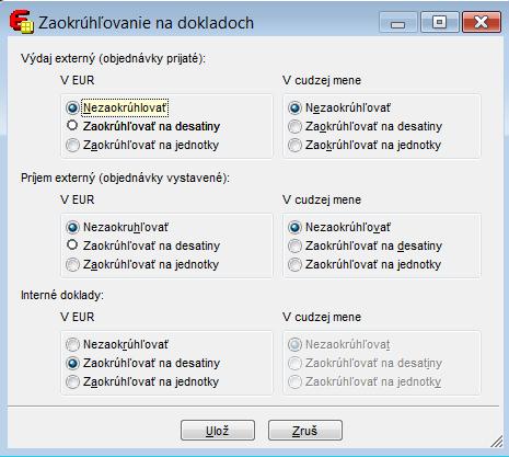 Parameter zaokrúhľovania dokladov Zaokrúhľovať na päťdesiathaliere sa zmenil na Zaokrúhľovať na desatiny Prepočet dátového prostredia je možné spustiť opakovane aj po ročnej uzávierke.