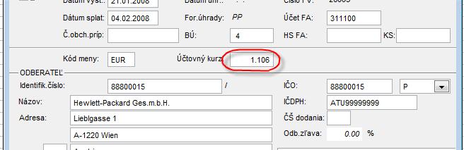 prepíše predelí účtovný kurz hodnotou konverzného kurzu. Na našej FA bude hodnota 1.105888. Taktiež za aj závierkový kurz sa predelí hodnotou knverzného kurzu. Pri FA v EURO bude táto hodnota 1.