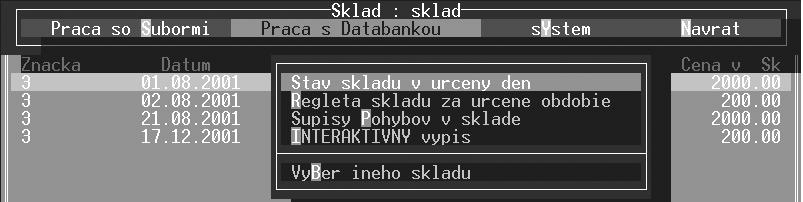 Modul Sklad str. 26 Menu "Práca s databankou" nám ponúka tieto možnosti : 2.3.1 Stav skladu v určený deň Po aktivovaní teto voľby máme možnosť výberu z následovných činností: 1.