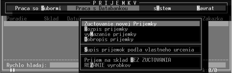 Modul Sklad str. 5 Menu "Práca s databankou" nám ponúka tieto možnosti : 2.1.