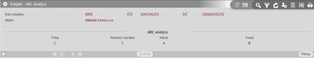 Zboží lze dle standardních postupů filtrovat, případně třídit. Subjekt - ABC analýza (6.5.5) V činnosti lze zobrazit veškeré aktivní subjekty.