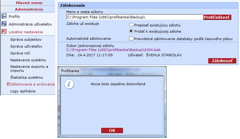 PRENOS DÁT POMOCOU ZÁLOHY DATABÁZY (DOPORUČUJE SA) VYTVORENIE ZÁLOHY DATABÁZY NA ZDROJOVOM PC 1. prejdeme do menu Administrácia / Lokálne nastavenie / Zálohovanie a archivácia 2.