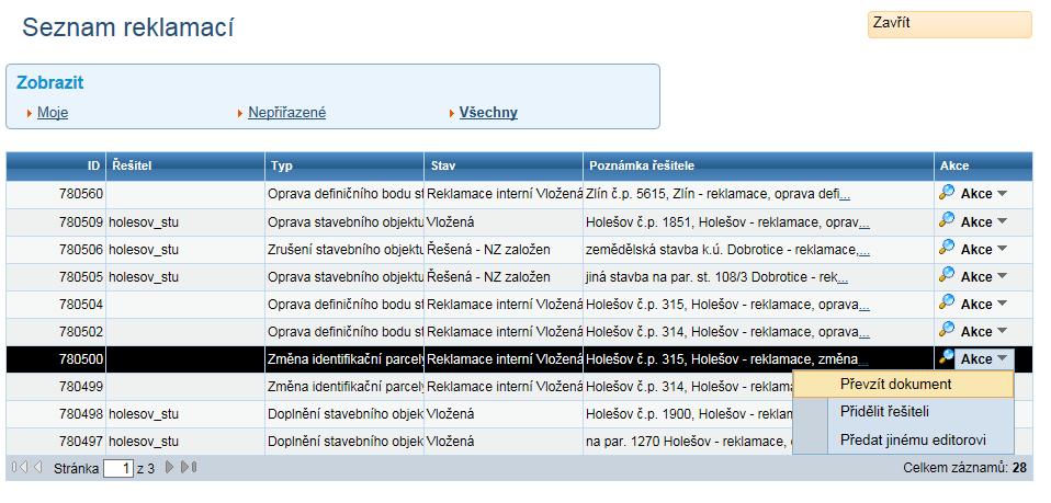 V Seznamu reklamací zvolte v posledním sloupci Akce a následně možnost Převzít dokument.