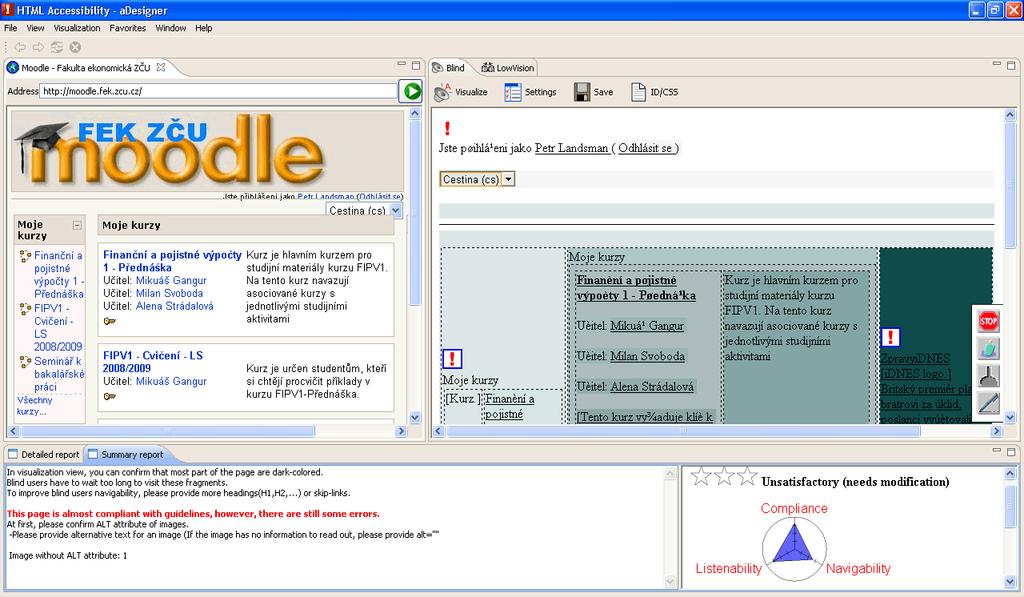 Kontrola přístupnosti systému Moodle Obrázek 16 - Desktopová aplikace adesigner, kontrola verze 1.6.4 snímek obrazovky Zdroj: vlastní Ve verzi 1.6.4 byly nalezeny všechny již zmíněné chyby a varování.
