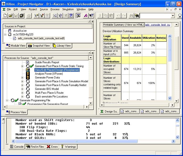 Xilinx ISE 7.1 umožňuje zjednodušený náhled na rozmístění logiky (konfigurace) přímo na čipu FPGA viz. Obrázek 13.