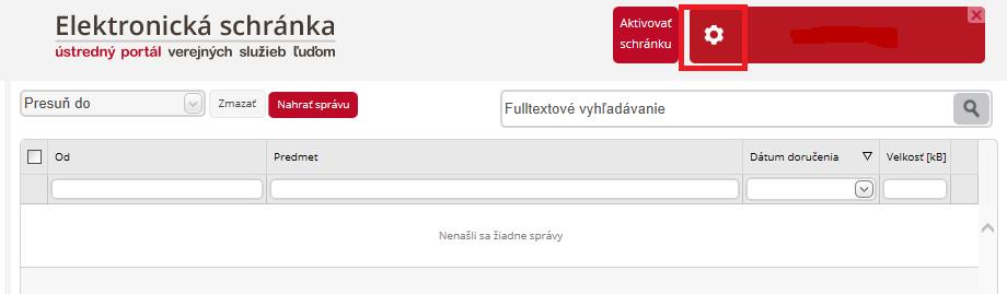 Obr. 11 - Symbol ozubeného kolieska (Nastavenia) Na podanie žiadosti o aktiváciu kliknite na Vytvorenie žiadosti a následne si vyberiete z ponuky Žiadosť o aktiváciu elektronickej schránky (Obr. 12).