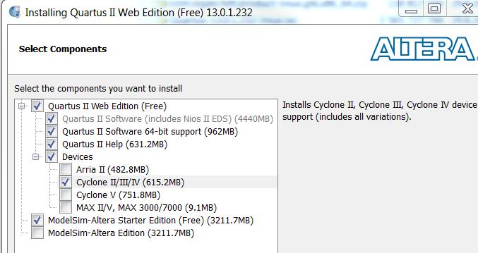 Instalace ISO image Quartus ISO image obsahuje verzi jako pro Linux tak pro Windows a vyžaduje zhruba 12 GB volného místa na disku v konfiguraci potřebné pro předmět. Verze pro Mac neexistuje. Pozn.