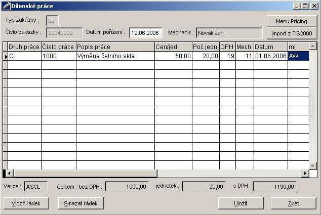 5.2. DÍLENSKÉ PRÁCE Dílenské práce je soubor prací které byly pro dané vozidlo na danou zakázku vykonány. 5.2.1 VSTUPNÍ OBRAZOVKA DÍLENSKÉ PRÁCE 5.2.2 POŘÍZENÍ DÍLENSKÉ PRÁCE Stejně jako u pořízení zakázek musí být na vstupní obrazovce vybráno vozidlo, pro které se budou dílenské práce pořizovat.
