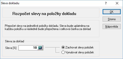Sleva za doklad Při výdeji ze skladu lze uplatnit slevu za doklad. Systém k již uplatněným slevám na položkách prodejky přičte ještě zadanou slevu (pole Sleva 4).