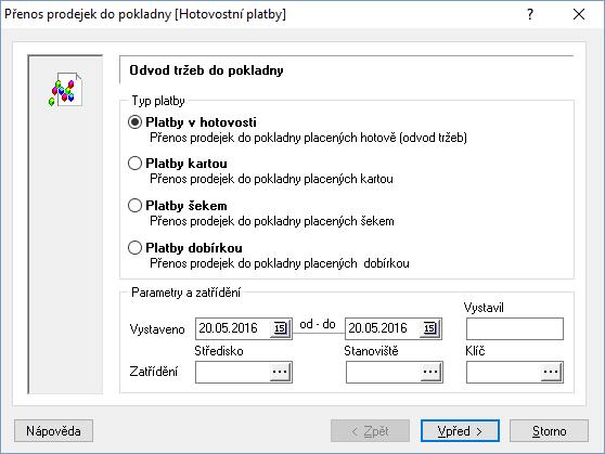 Přenos prodejek do pokladny (odvod tržeb) Odvod tržeb do pokladny je možné provést dvěma způsoby.