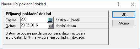 Při ukončení pokladního dokladu dochází ke spárování platby s dokladem (závazkem/pohledávkou), který je uhrazován - informace o dokladech jsou uvedeny na záložkách Vazby. Postup provedení: 1.