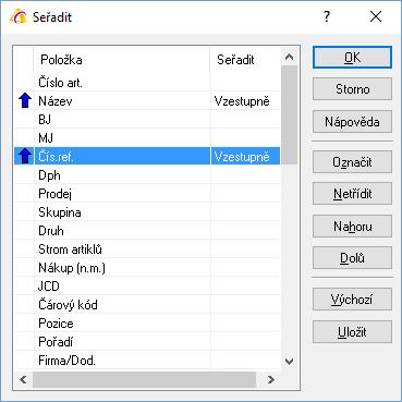 POZOR!!! Setřídí se pouze vybraná data, tj. ta, která jsou uvedena v seznamu, nikoliv celá databáze. Při opakovaném výběru seznamu dat dochází k zachování předešlého třídění.