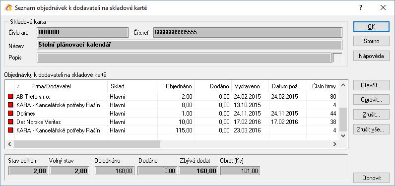 V analýze jsou zobrazeny objednávky, které jsou vytvářeny s vazbou na sklad (červená ikona) a také objednávky, které jsou tvořeny volně z ceníku zboží (zelená ikona).