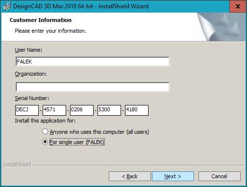 Vyplňte jméno a firmu uživatele, # licenční číslo (na bookletu) a zvolte instalaci "For single user (jméno uživatele)" a ne (!) implicitně nastavené "Anyone who uses this computer (all users)".
