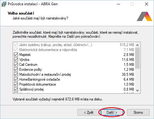 Následuje volba součástí systému ABRA Gen.