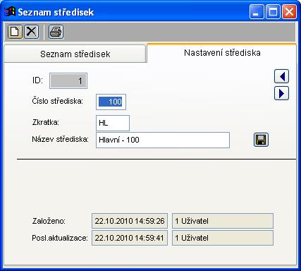 Zde se zadává číslo střediska (maximálně na 3 místa), název střediska a je zde také možné středisko vymazat.