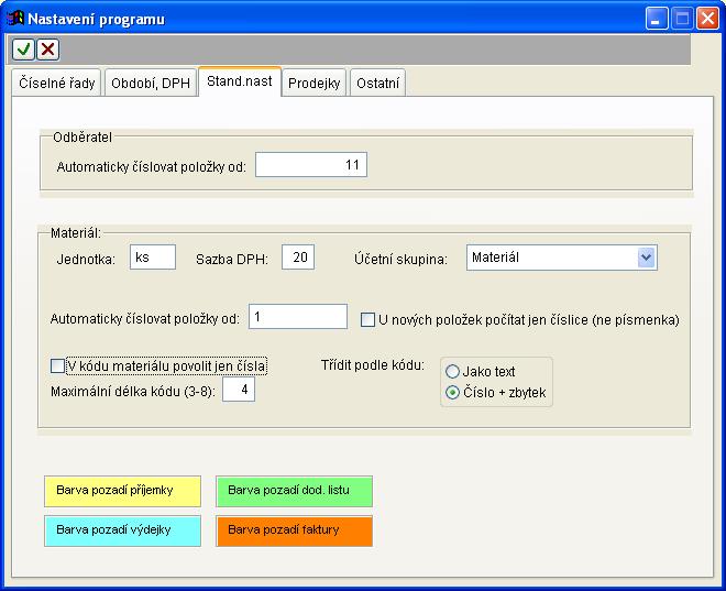 Záložka Stand.nast. umožňuje nastavit u odběratele při zakládání nové položky kód.