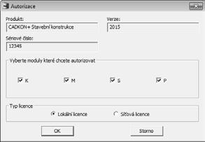 V případě autorizace samotného CADKONu+ Stavební konstrukce, zatrhněte všechny moduly K, M, S a P (K - modul stavebních konstrukcí, M - knihovna 2D bloků vnějšího a vnitřního vybavení, S - knihovna