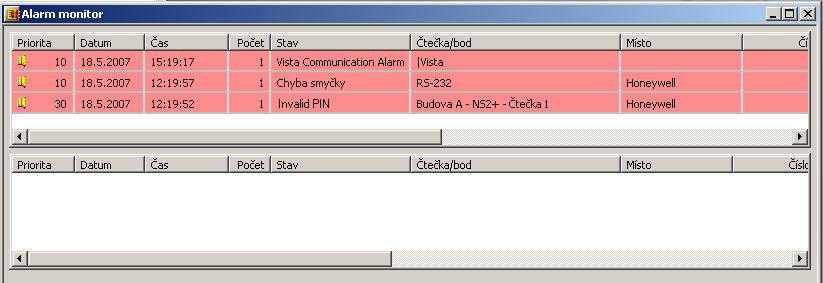 Alarmy generované na základě čísla priority akce se zobrazují v okně alarm monitoru.