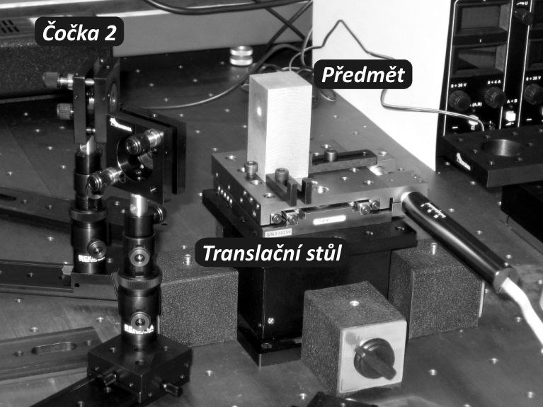 4. Numerické korelace Obr. 3.4: Senzor pro měření složky rychlosti tělesa v rovině jeho studovaného povrchu využívající metodu korelace polí koherenční zrnitosti [25] sestavený ve SLO UP a FZÚ AV ČR.