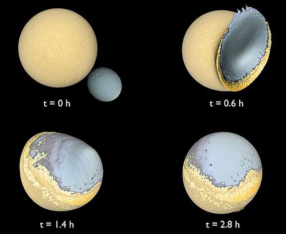 Proč je na odvrácené straně tlustší kůra? Před více než čtyřmi miliardami roků mohla mít Země druhý měsíc o průměru 1 300 km, který se nedlouho po svém vzniku zřítil na Měsíc.