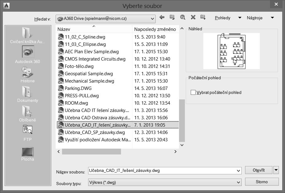AutoCAD Tour Existující výkresový soubor můžete otevřít použitím příkazu otevři.