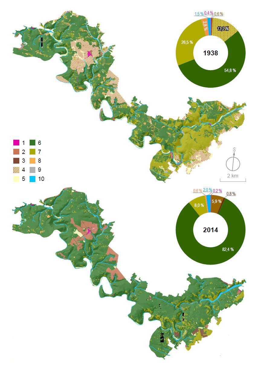 Obrázek 7. Krajinný kryt území NP Podyjí v letech 1938 (nahoře) a 2014 (dole).