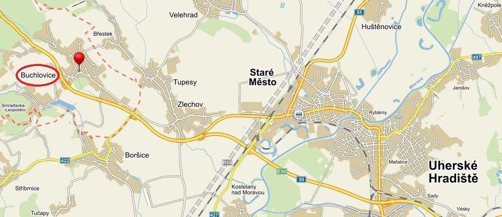 1 LOKALITA 1.1 Buchlovice Městys Buchlovice se nachází přibližně 11 km směrem na západ od Uherského Hradiště.