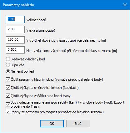 Parametry náhledu : Nastavení velikosti grafických značek bodů a výška textu popisů:.