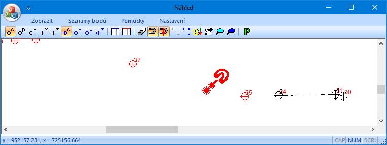 Po zapnutí tlačítka se u červeného bodu, který leží nejblíže ke kurzoru myši, objeví symbol magnetu. Po stisknutí levého tlačítka myši dojde k přenosu tohoto bodu do hlavního seznamu Situace.