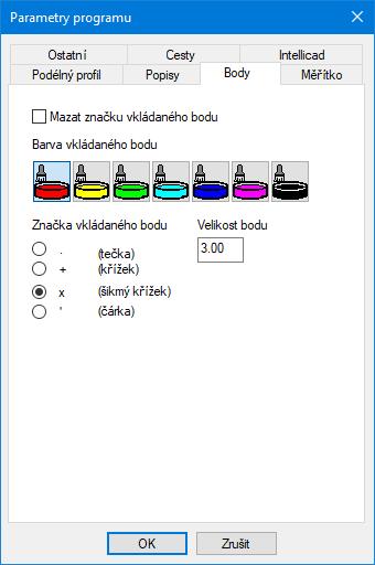 - Automaticky vkládat popis: Parametr určuje, zda se má ihned po odečtení souřadnic z výkresu provést také příkaz pro popis. Body: Při odečtu bodu vkládá program Situace do výkresu značku bodu.