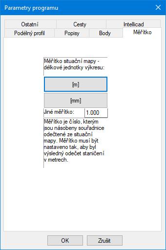 Měřítko situační mapy, délkové jednotky výkresu: Měřítko je číslo, kterým program násobí souřadnice, odečtené z mapy. Výsledkem součinu musí být staničení, udávající metry.