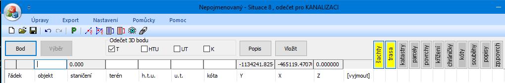 Nastavení parametrů programu Situace: Odečet pro Podélný profil kanalizace [ ] Automaticky plnit seznam [ ] Mazat značku vkládaného bodu [x] Automaticky ukládat data [ ] Automaticky vkládat popis (o)