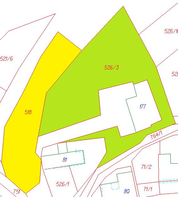 78/5 má z grafiky určenou výměru 1104 m 2, výměru vedenou v SPI 968 m 2, rozdíl je 136 m 2. Vlastníkem této parcely je fyzická osoba. Na Obr. 57 je vyznačena parcela č. 78/5 žlutou barvou a parcela č.