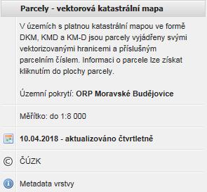 Doplňující údaje o vrstvách Kontextové okno s popisnými informacemi (abstrakt, měřítko viditelnosti vrstvy, aktuálnost dat, původ dat, metadata) k mapové vrstvě vyvoláte kliknutím levého nebo pravého
