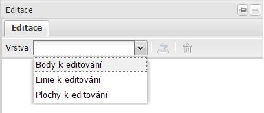 EDITACE Pomocí panelu "EDITACE", který se nachází v pravé části aplikace pod "Seznamem vrstev". V nabídce editovatelných vrstev vyberte požadovanou vrstvu k editování.