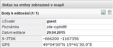 během kresby lze pomocí klávesy "DELETE"; kresbu ukončíte pomocí klávesy "ENTER" nebo dvojklikem levého tlačítka myši a naplníte atributovou tabulku, která se zobrazí v pravé části mapové aplikace, -