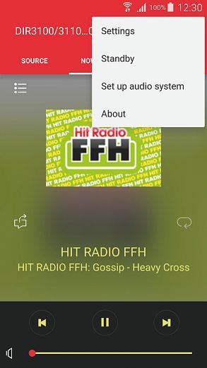17.6 Nastavení (Settings) a standby Pro otevření nastavení rádia nebo pro uvedení rádia pomocí aplikace do pohotovostního režimu (standby) stiskněte symbol pro nastavení (2) a následně stiskněte