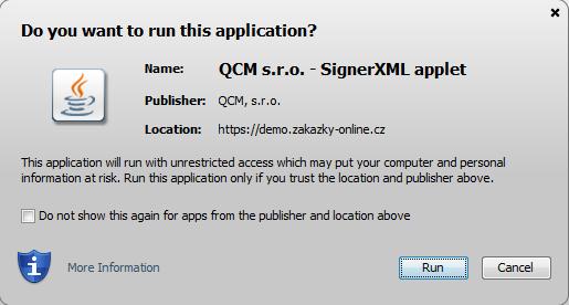 První spuštění podepisovacího appletu může nějakou dobu trvat nejprve se totiž musí v prohlížeči/systému spustit samotná Java.