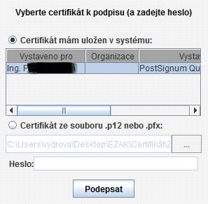 Jestliže máte certifikáty nainstalovány v systému a jsou platné, zobrazí se jejich seznam v boxu appletu pod přepínačem Certifikát mám uložen v systému.