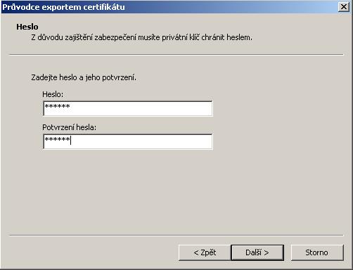 Obrázek 13: Certifikát s exportovaným soukromým klíčem je nutno chránit bezpečným heslem Obrázek 14: V