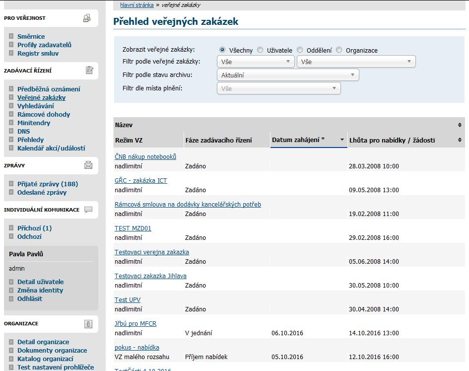 Obrázek 22: Základní obrazovka po přihlášení dodavatele Podtržený text jak v menu tak v hlavní části stránky představuje odkazy, na které lze kliknout.
